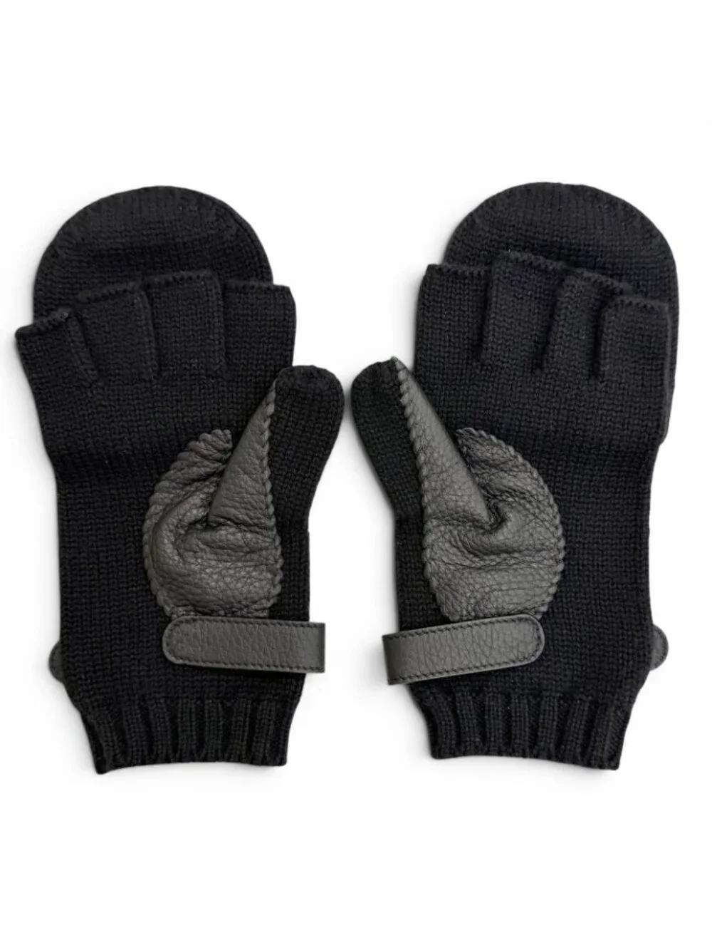 Hermes Lionel Cashmere 100% Series Button Deerskin Leather Knit Gloves Mittens